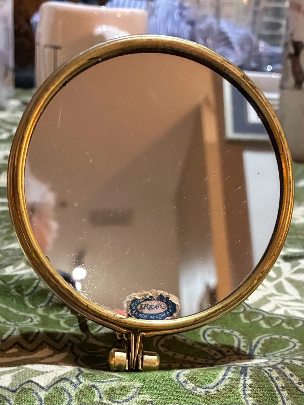 Vintage 1960s Stand Alone Brass Rimmed Mirror. EUC. Made in Korea for Rice & Co